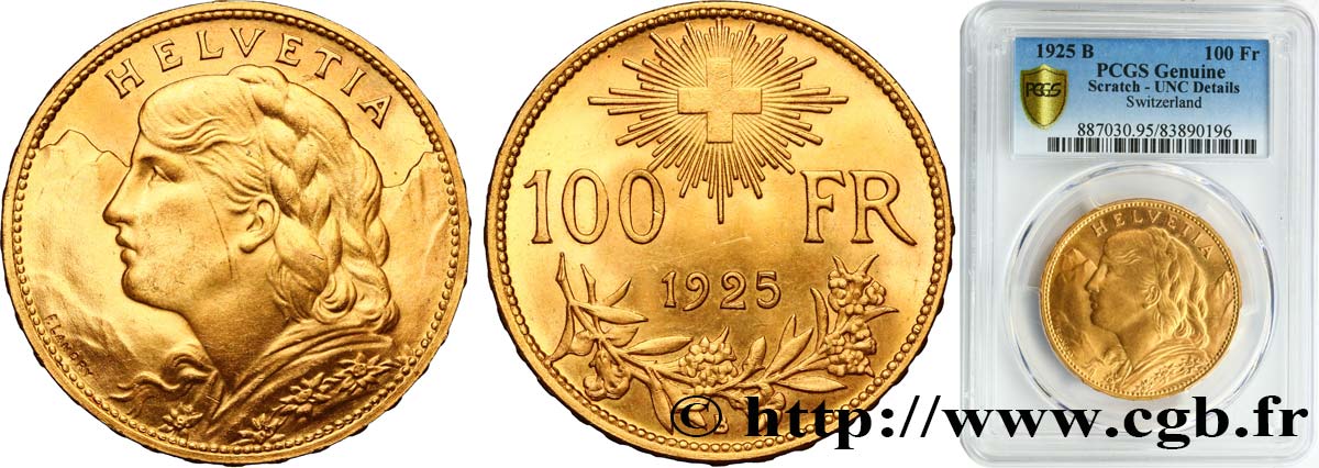 SCHWEIZ 100 Francs  Vreneli  1925 Berne fST PCGS