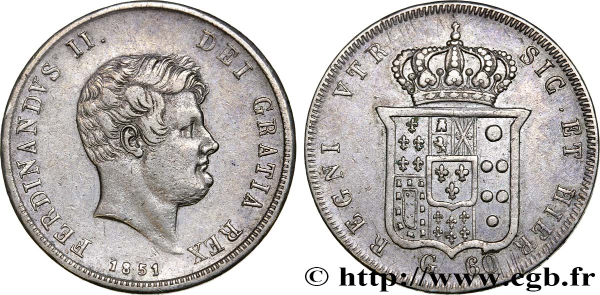 ITALIEN - KÖNIGREICH BEIDER SIZILIEN - FERDINAND II. 60 Grana 1851 Naples SS 