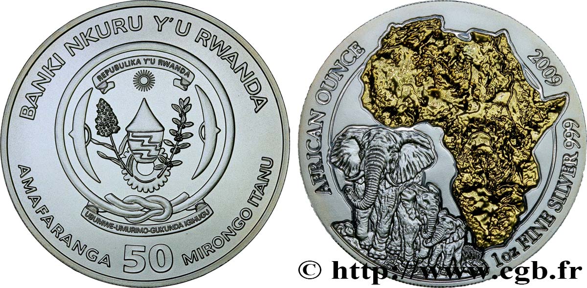 RWANDA 50 Francs (1 once) dorée 2009  MS 