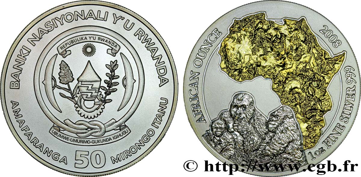 RWANDA 50 Francs (1 once) dorée 2008  MS 