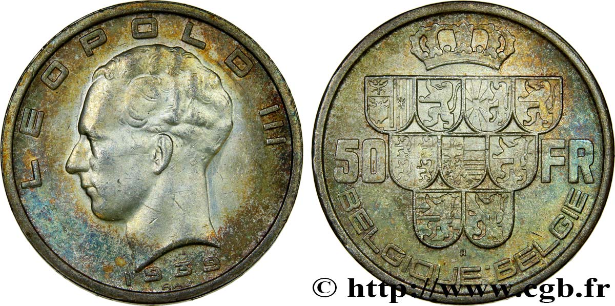 BELGIUM 50 Francs Léopold III légende Belgique-Belgie tranche position B 1939  AU 