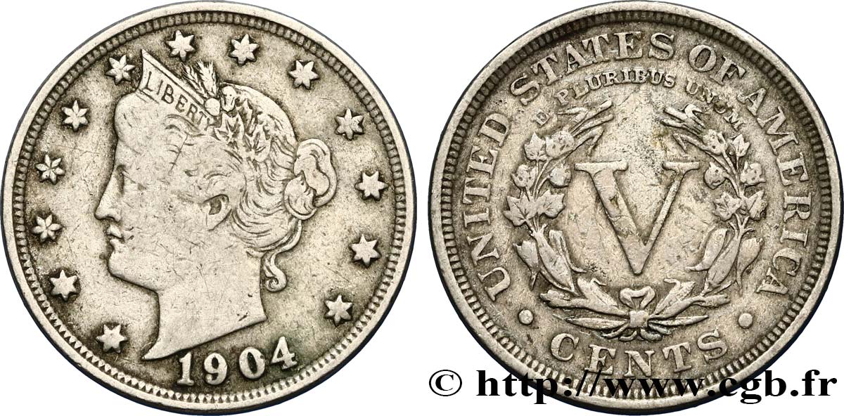 UNITED STATES OF AMERICA 5 Cents Liberty Nickel 1904 Philadelphie VF 