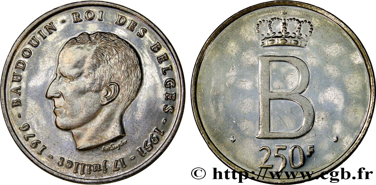 BELGIO 250 Francs jubilé d’argent du roi Baudouin légende française 1976 Bruxelles SPL 