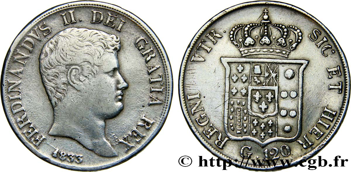 ITALIE - ROYAUME DES DEUX-SICILES 120 Grana Ferdinand II 1833 Naples TB+ 