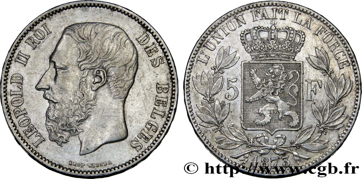 BELGIQUE 5 Francs Léopold II 1873  TTB+ 