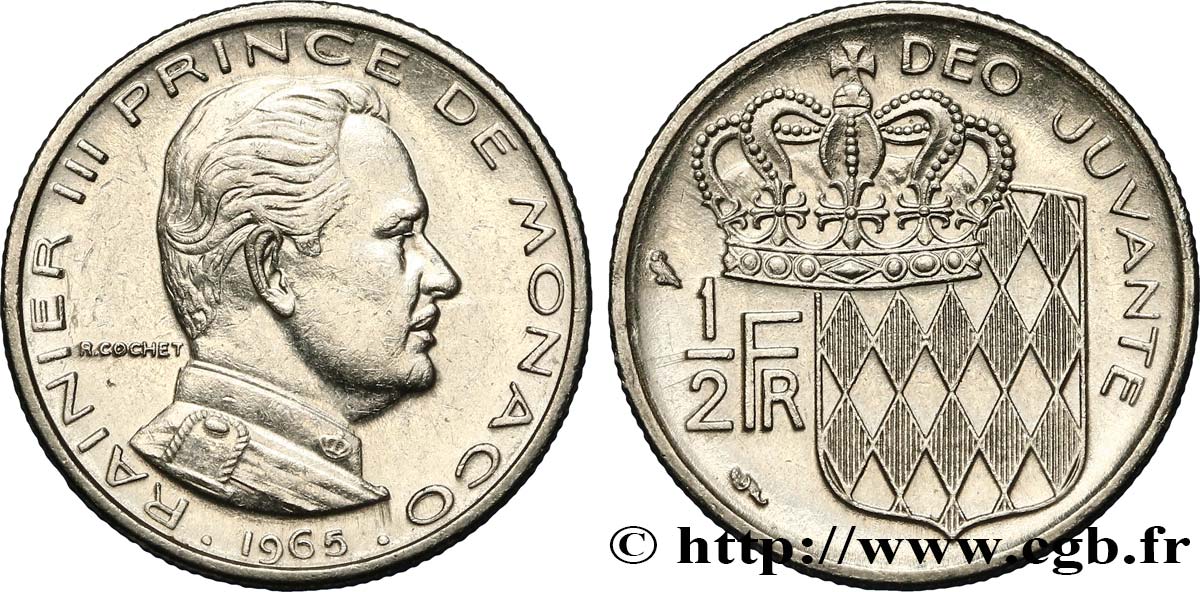 MONACO 1/2 Franc Rainier III / écu couronné 1965 Paris SUP