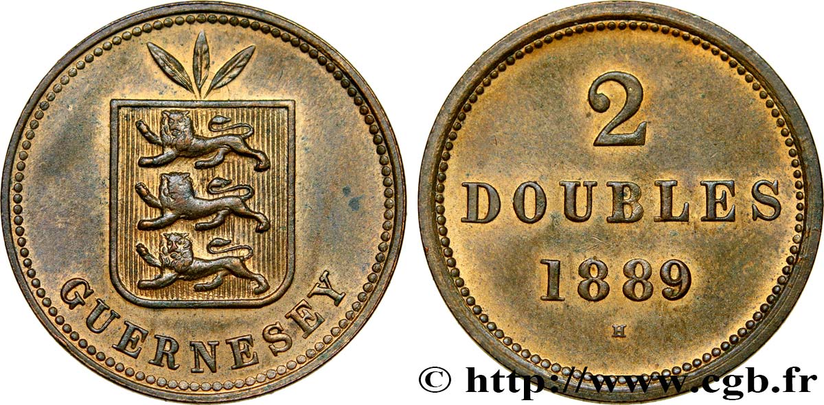GUERNESEY 2 Doubles armes du bailliage de Guernesey 1889 Heaton SUP 
