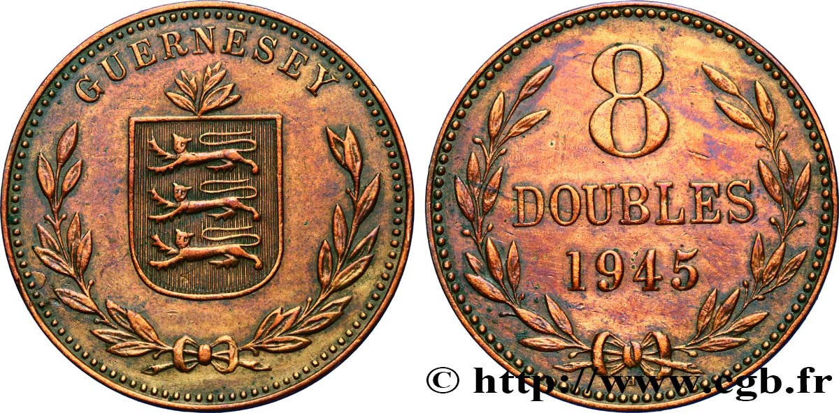 GUERNESEY 8 Doubles armes du baillage de Guernesey 1945 Heaton TTB+