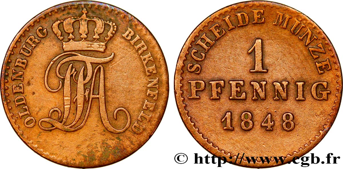 ALLEMAGNE - OLDENBOURG 1 Pfennig monogramme de Paul-Frédéric-Auguste grand-duc 1848 Hanovre TB+ 