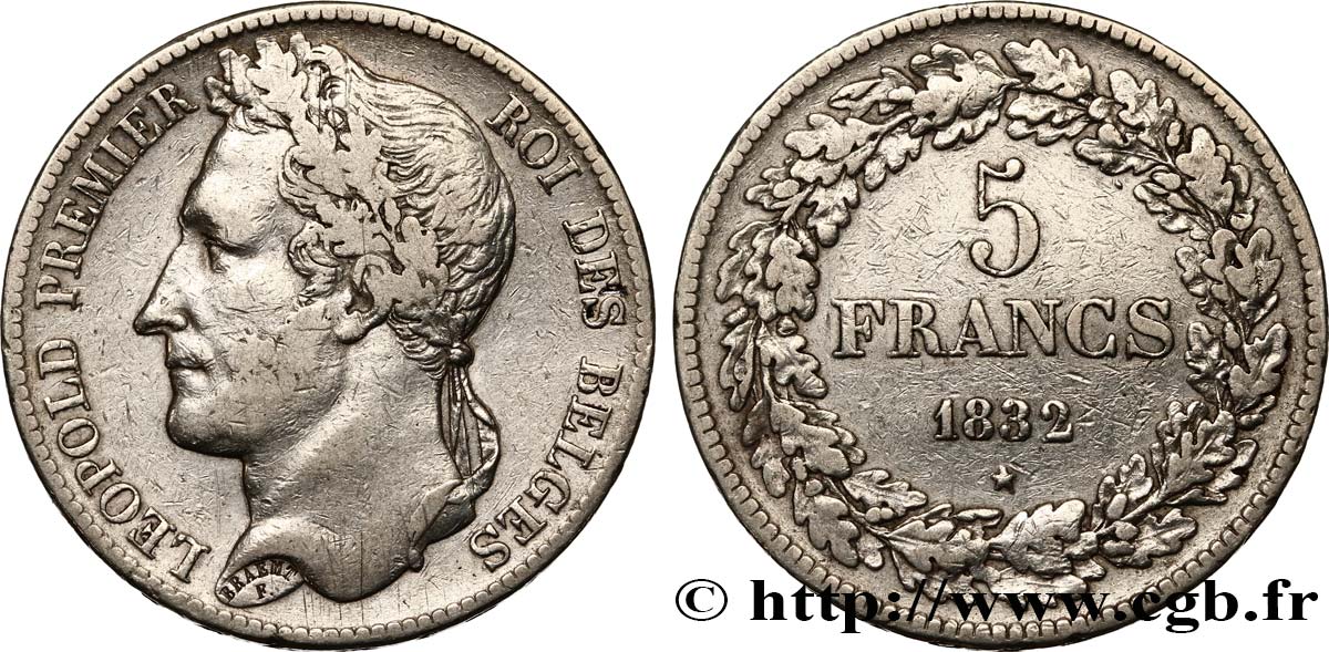 BELGIQUE - ROYAUME DE BELGIQUE - LÉOPOLD Ier 5 Francs tête laurée 1832 Bruxelles VF 