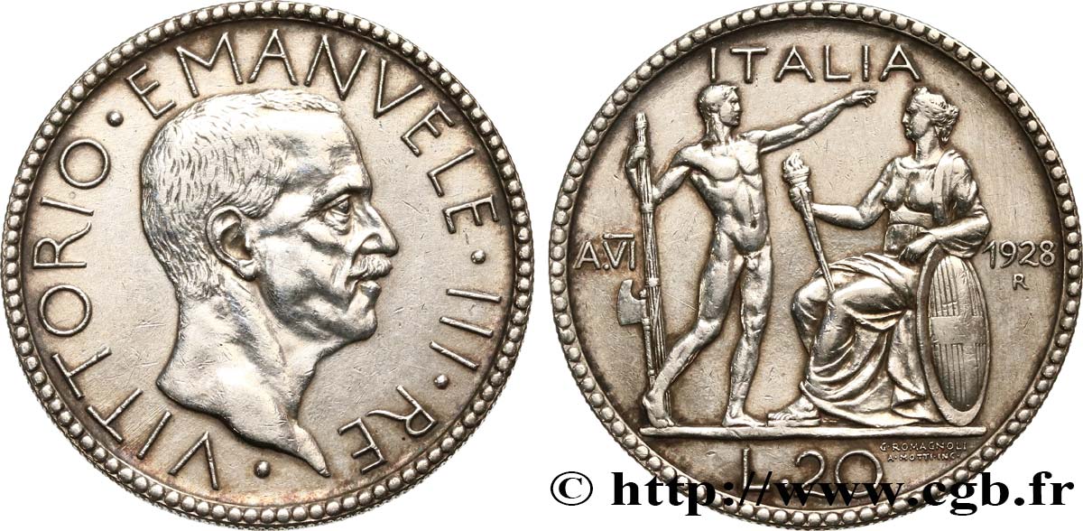 ITALY - KINGDOM OF ITALY - VICTOR-EMMANUEL III 20 Lire au licteur 1928 Rome XF 