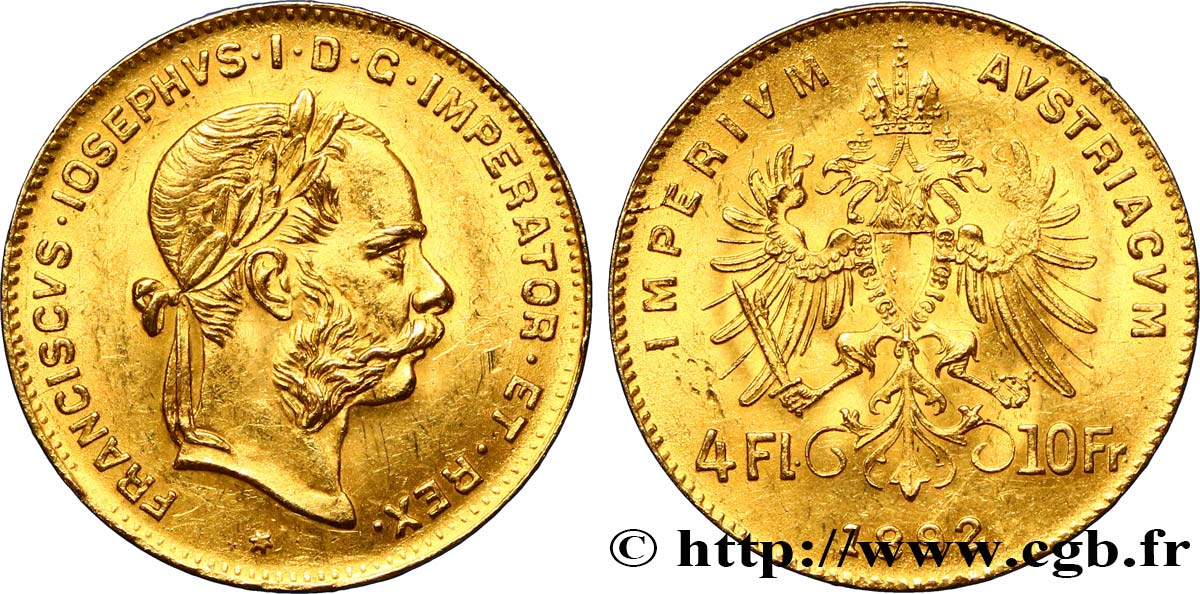 AUSTRIA 4 Florins ou 10 Francs François-Joseph Ier 1892 Vienne AU 