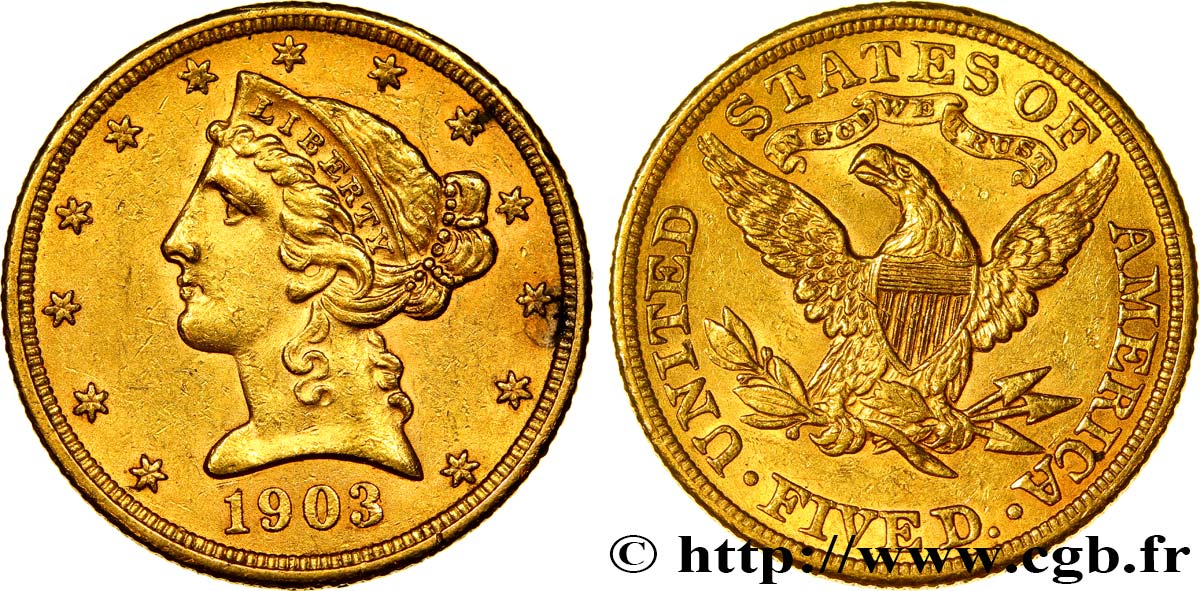 ÉTATS-UNIS D AMÉRIQUE 5 Dollars  Liberty  1903 Philadelphie MBC+ 