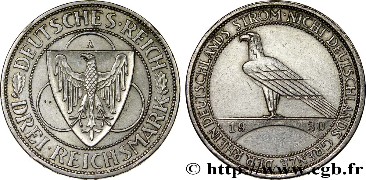 ALLEMAGNE 3 Reichsmark Libération de la Rhénanie 1930 Berlin TTB+/TTB
