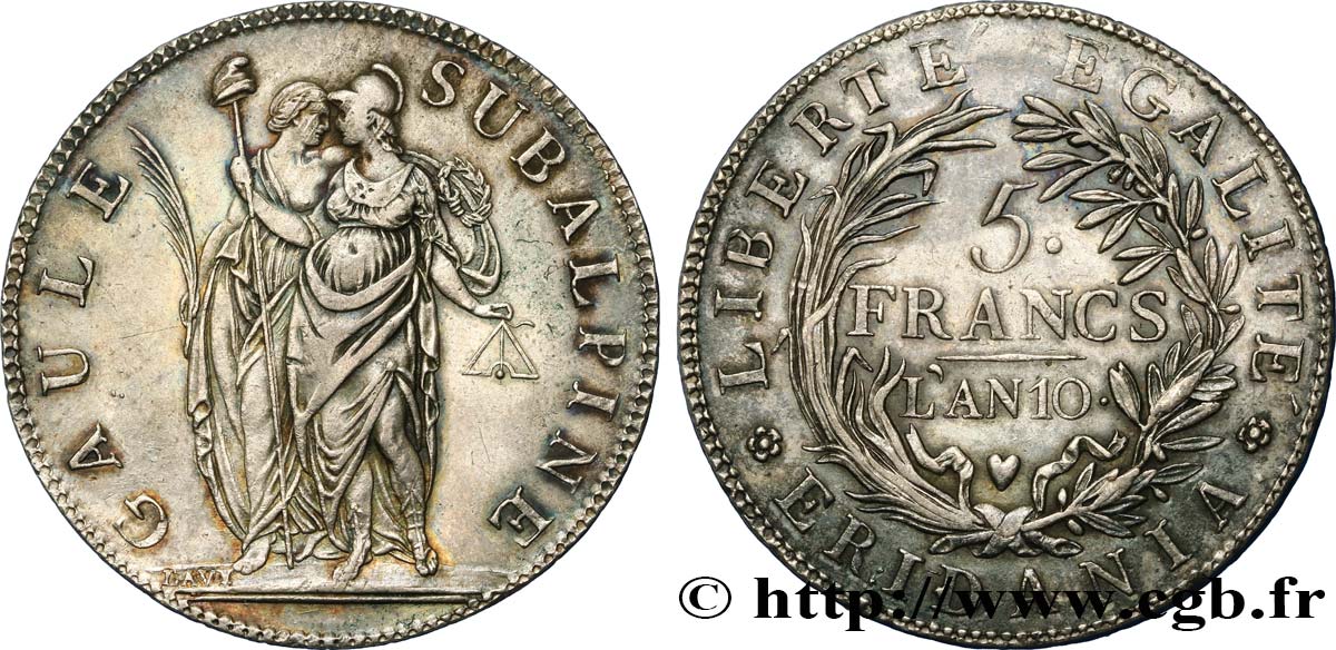 ITALIA - GALLIA SUBALPINA 5 Francs an 10 1802 Turin EBC/MBC+ 