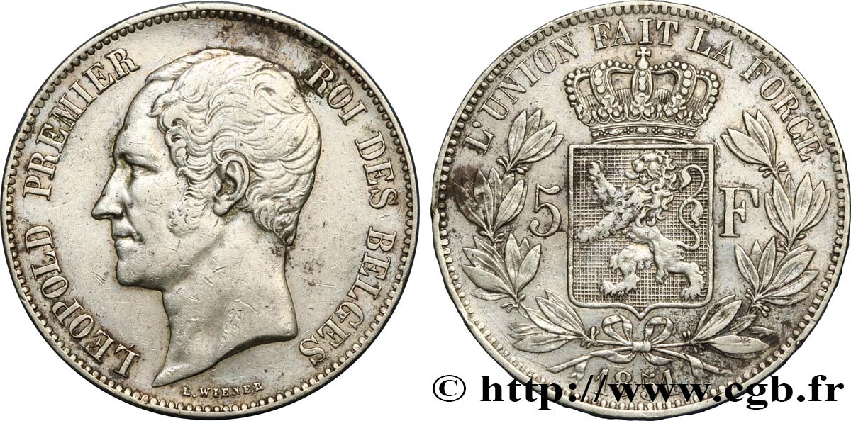 BELGIQUE 5 Francs Léopold Ier tête nue 1851 TTB