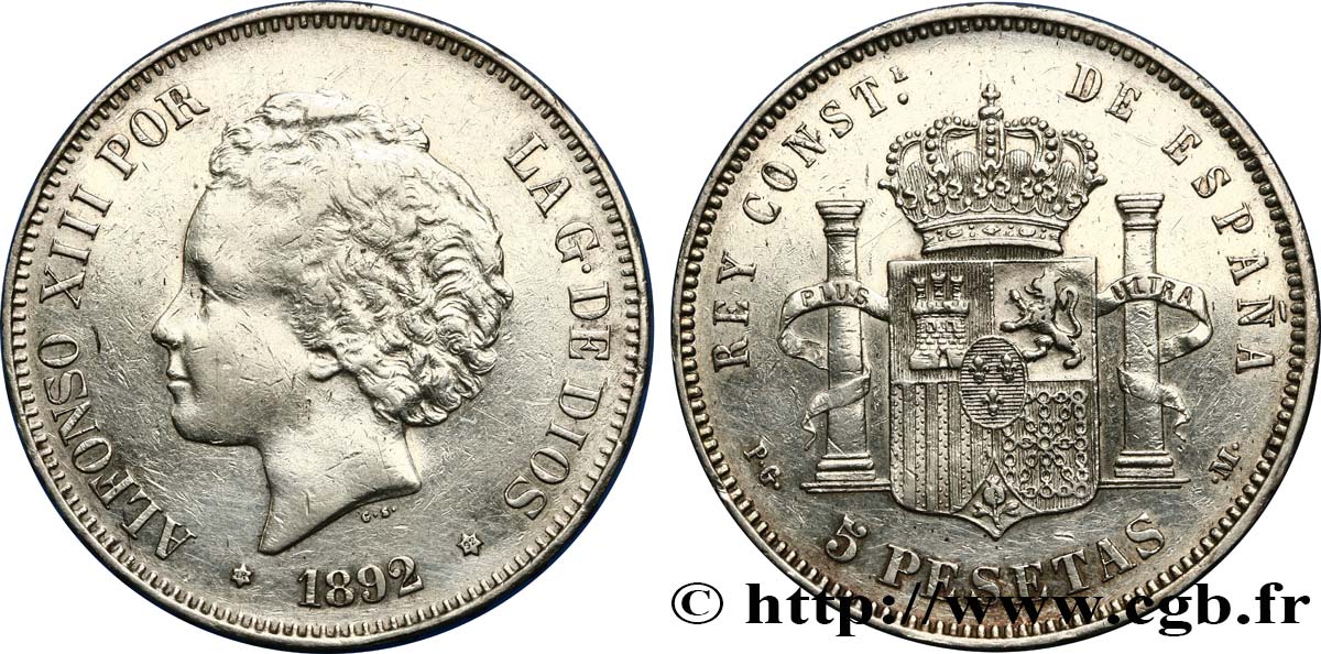 ESPAGNE 5 Pesetas Alphonse XIII 2e type 1892 Madrid TTB