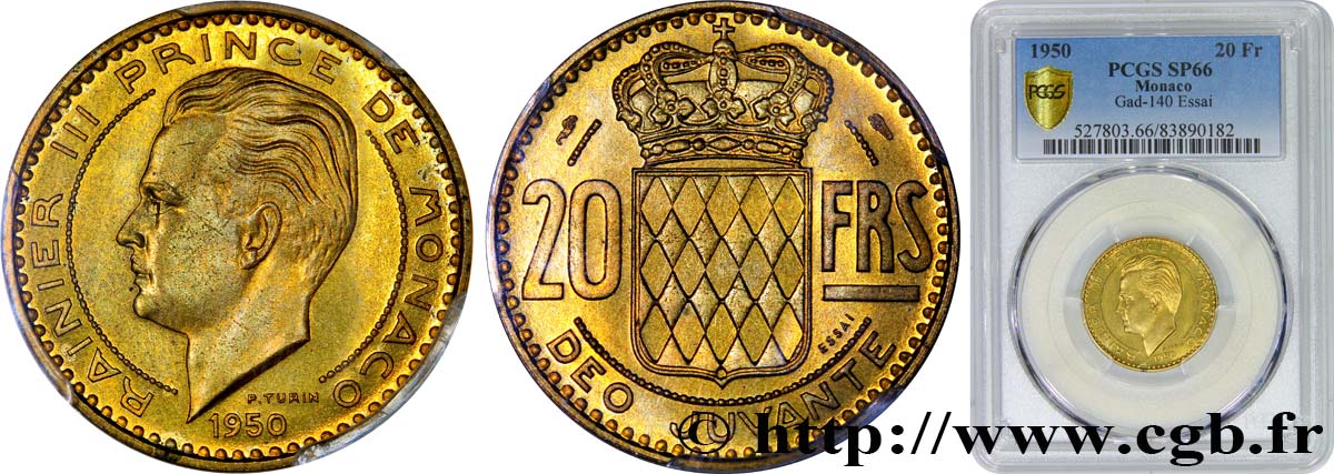 MONACO Essai de 20 Francs Rainier III 1950 Paris MS66 PCGS