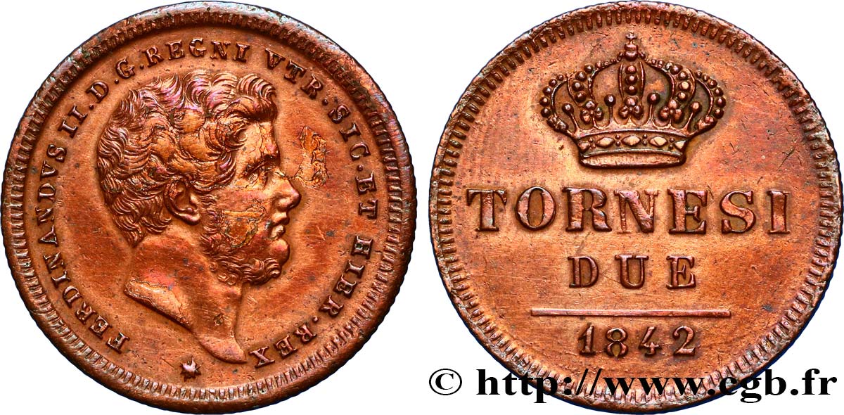 ITALY - KINGDOM OF TWO SICILIES 2 Tornesi Ferdinand II 1842  XF/AU 