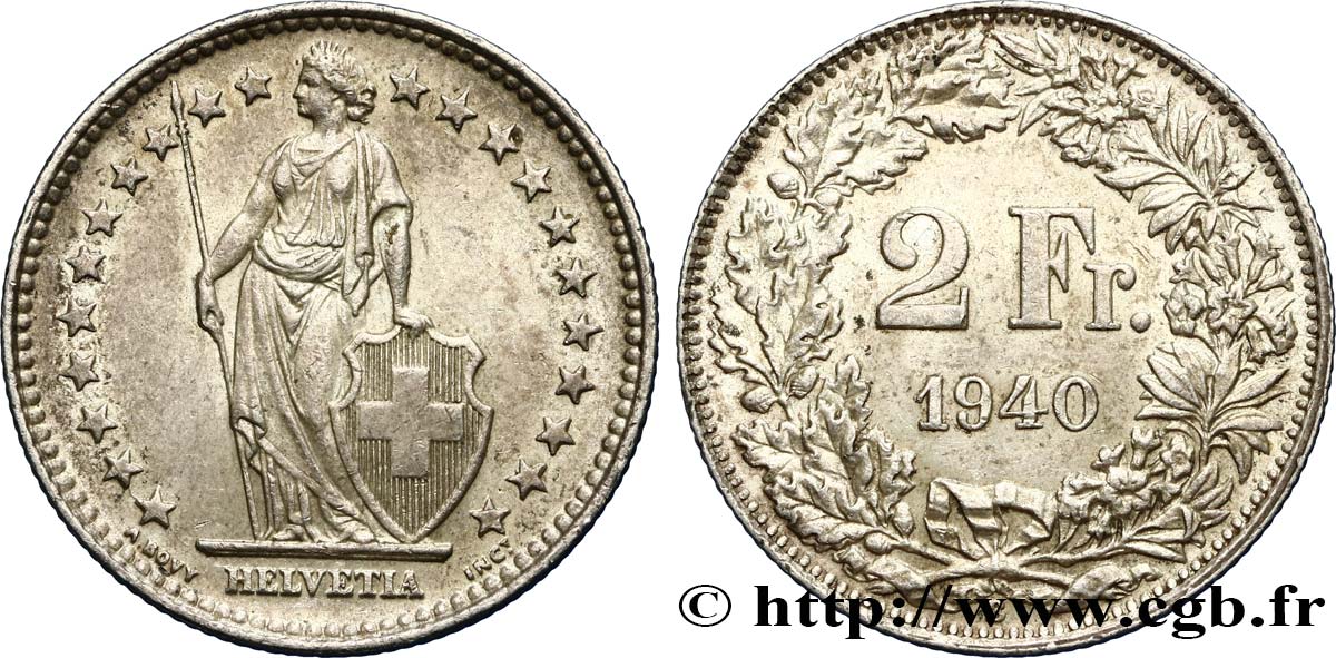 SWITZERLAND 2 Francs Helvetia 1940 Berne  AU 