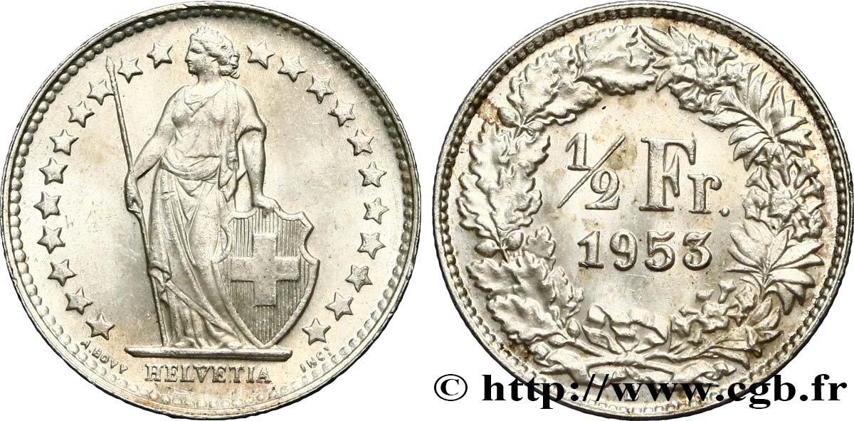 SWITZERLAND 1/2 Franc Helvetia 1953 Berne MS 