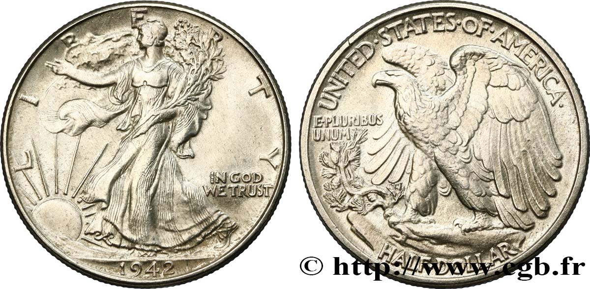 ÉTATS-UNIS D AMÉRIQUE 1/2 Dollar Walking Liberty 1942 Philadelphie SUP 