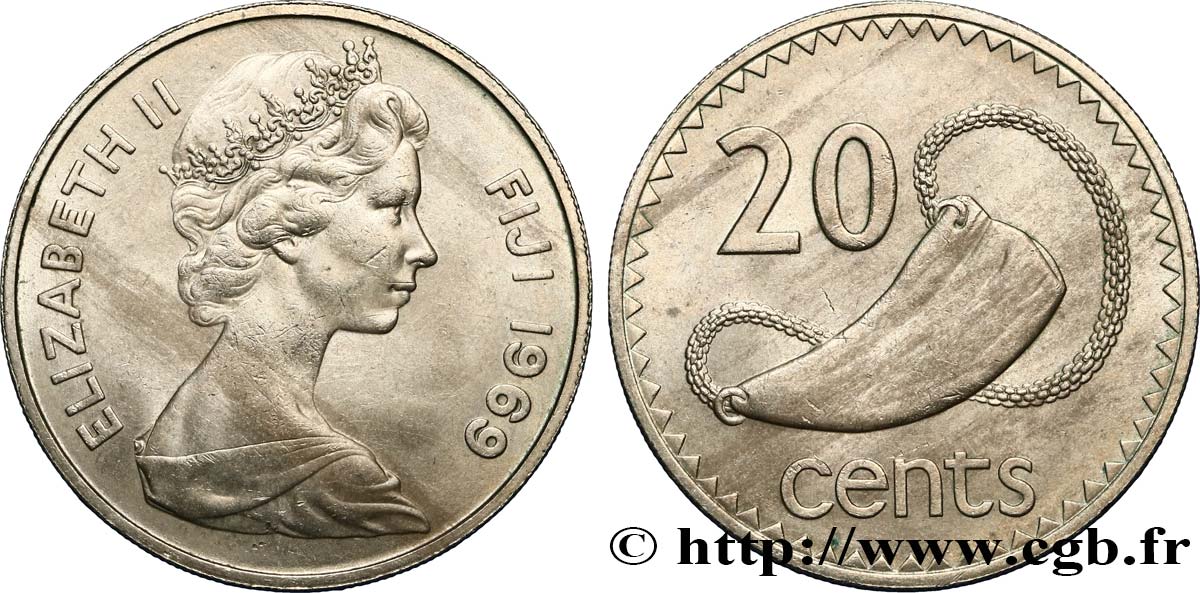FIDJI 20 Cents Elisabeth II / Tabua (dent de cachalot polie) 1969  SUP 