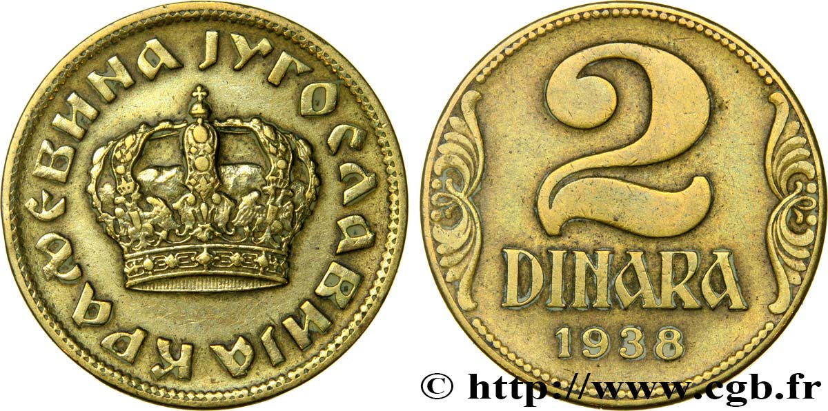 YUGOSLAVIA 2 Dinara couronne 1938  XF 