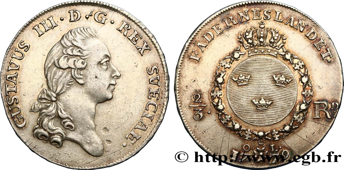 SUÈDE 2/3 Riksdaler Gustave III 1779 Stockholm TTB 
