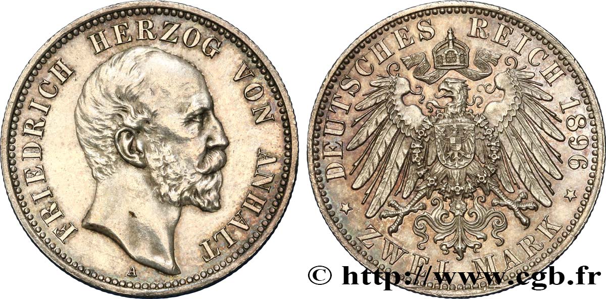 GERMANY - ANHALT 2 Mark Frédéric Ier / aigle impérial héraldique 1896 Berlin AU 