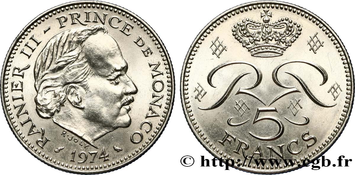 MONACO 5 Francs Rainier III / monogramme couronné 1974 Paris SUP 