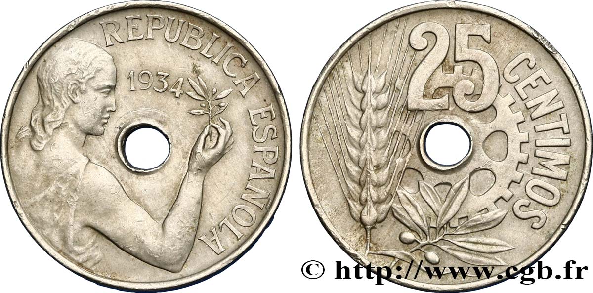 SPAIN 25 Centimos monnayage républicain 1934  XF 
