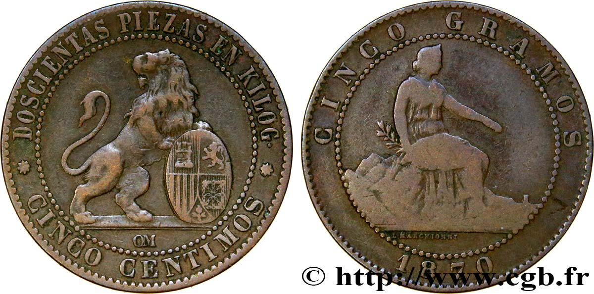 SPAIN 5 Centimos “ESPAÑA” assise 1870 Oeschger Mesdach & CO VF 