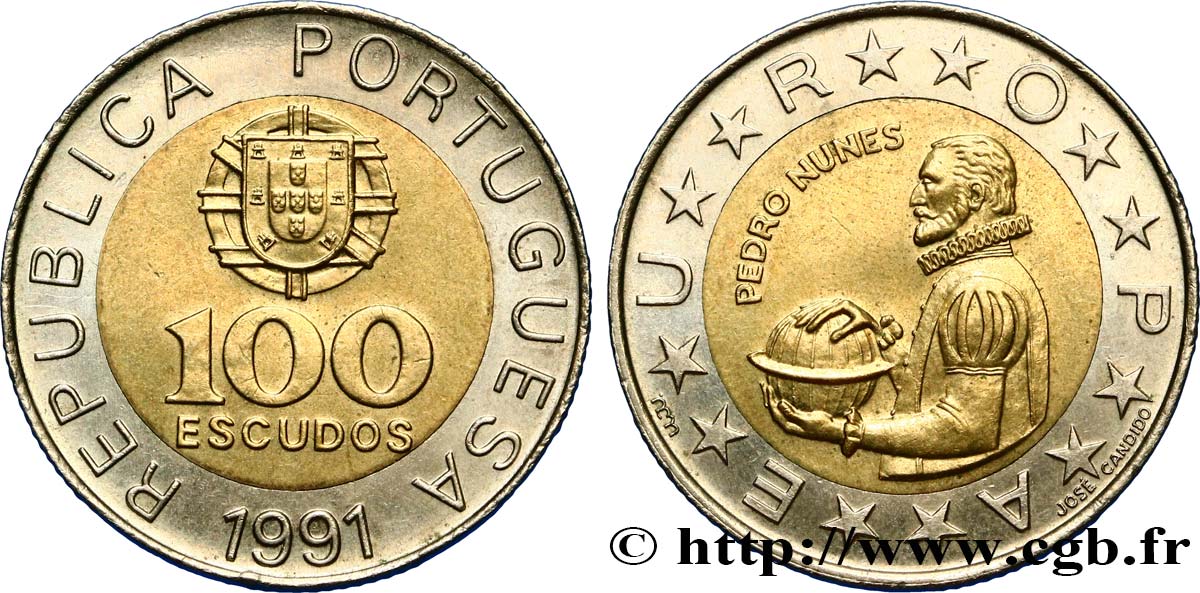 PORTUGAL 100 Escudos armes / mathématicien et cosmographe Pedro Nunes variété à 6 séries de cannelures 1991 SPL