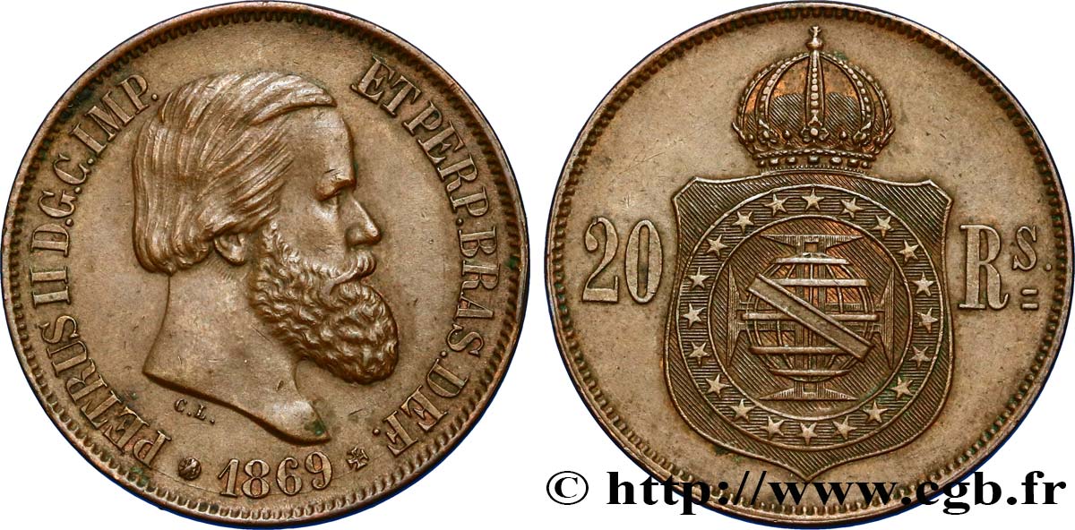 BRÉSIL 20 Réis Empereur Pierre II 1869  TTB+ 