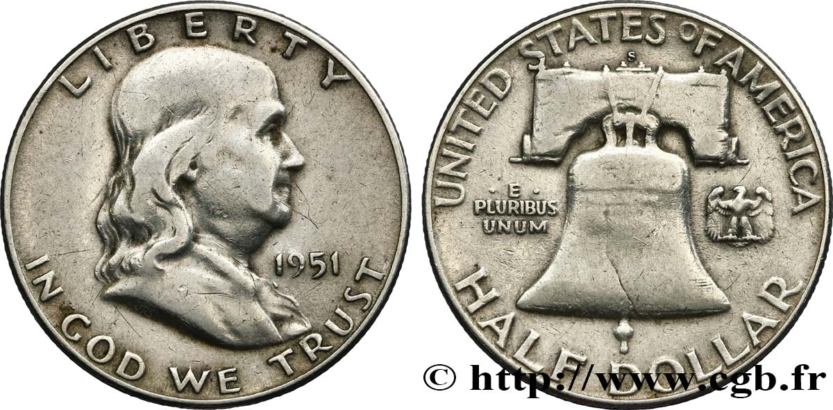 ÉTATS-UNIS D AMÉRIQUE 1/2 Dollar Benjamin Franklin 1951 San Francisco TB+ 