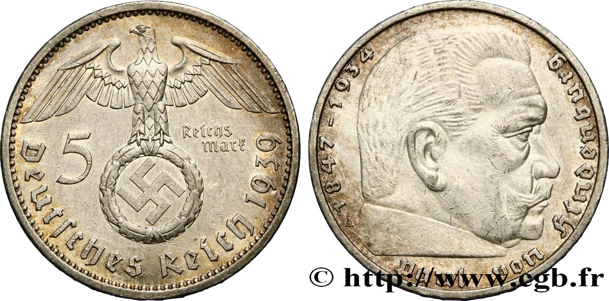 ALLEMAGNE 5 Reichsmark aigle / Maréchal Paul von Hindenburg 1939 Berlin TTB+ 