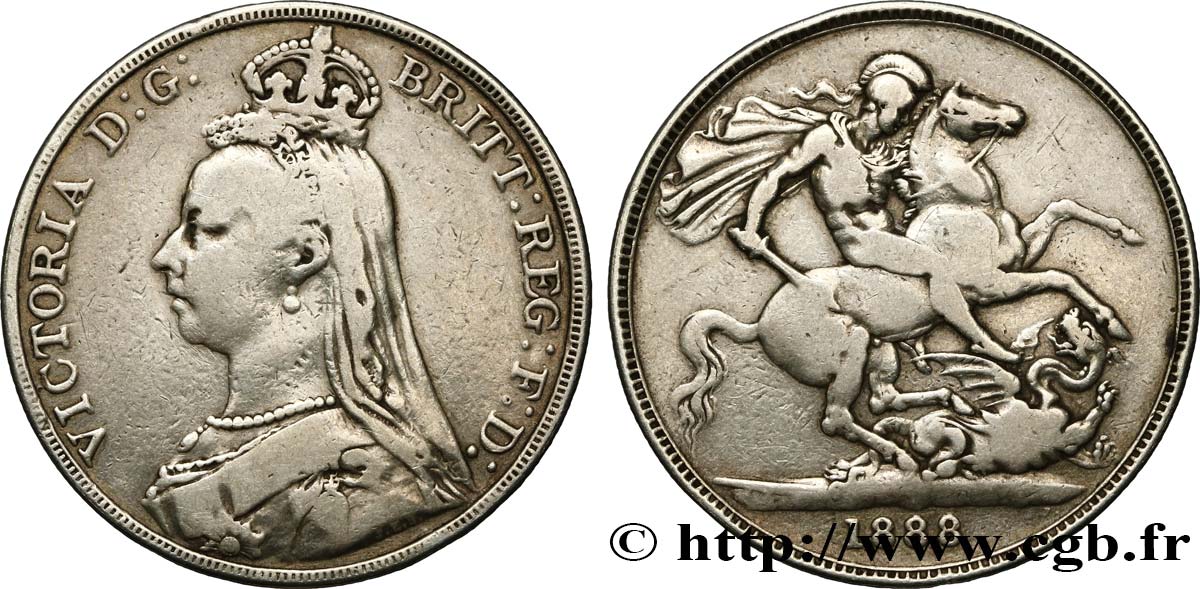 UNITED KINGDOM 1 Crown Victoria buste du jubilé / St Georges terrassant le dragon 1888  VF 