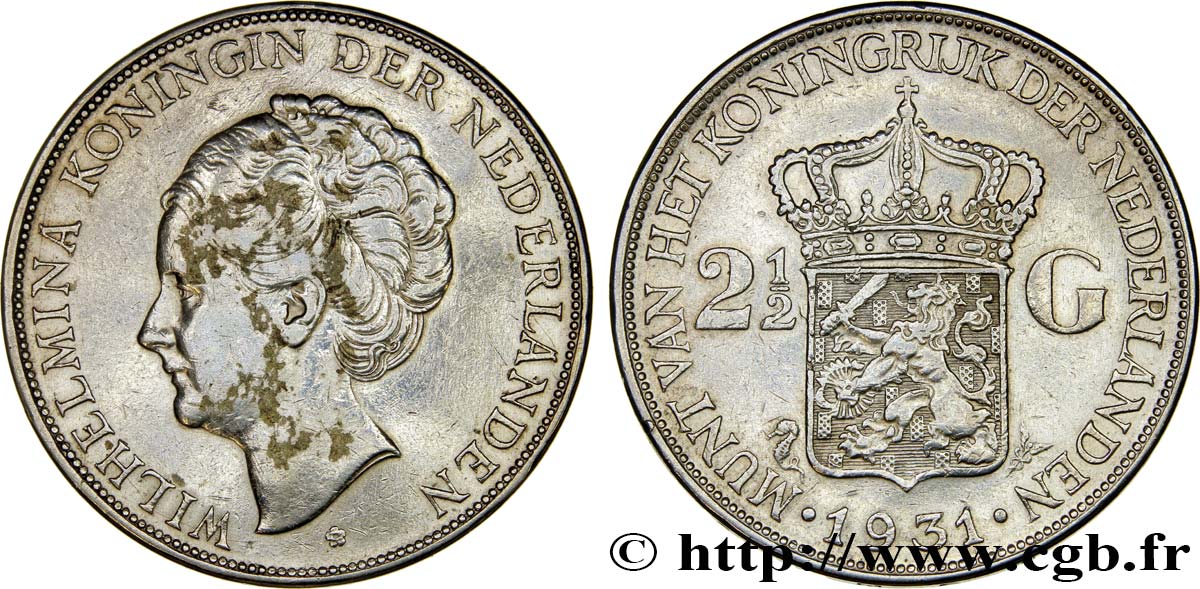 PAYS-BAS 2 1/2 Gulden Wilhelmina 1931  TTB/TTB+ 