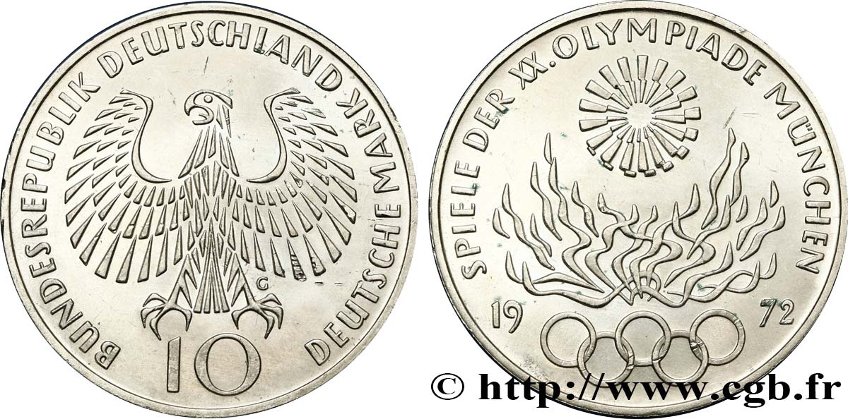 ALLEMAGNE 10 Mark XXe J.O. Munich - Flamme olympique 1972 Karlsruhe SUP