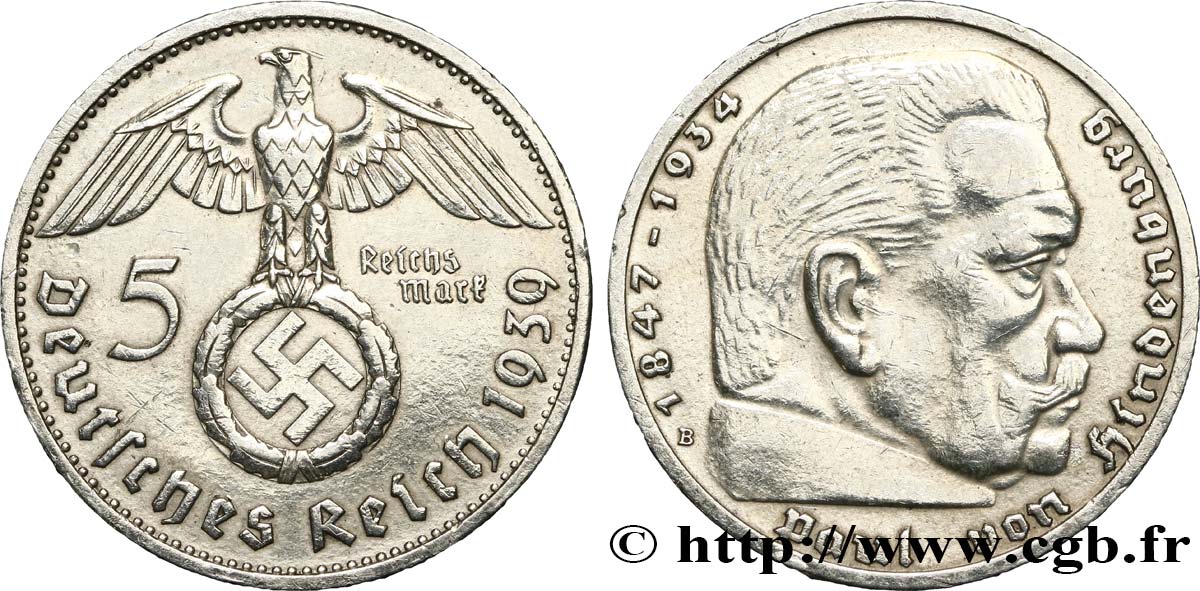 ALLEMAGNE 5 Reichsmark aigle / Maréchal Paul von Hindenburg 1939 Vienne TTB