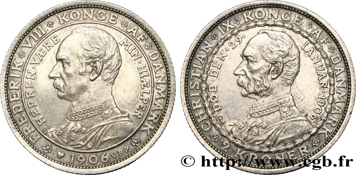 DANEMARK 2 Kroner mort de Christian IX et accession de Frédéric VIII 1906 Copenhague SUP 
