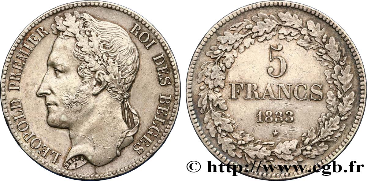 BELGIQUE 5 Francs Léopold Ier tête laurée 1833 Bruxelles TTB+ 