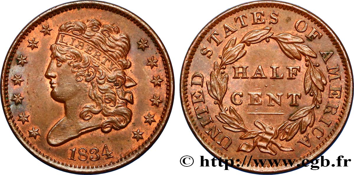 UNITED STATES OF AMERICA 1/2 Cent ‘Classic Head’ 1834 Philadelphie MS 