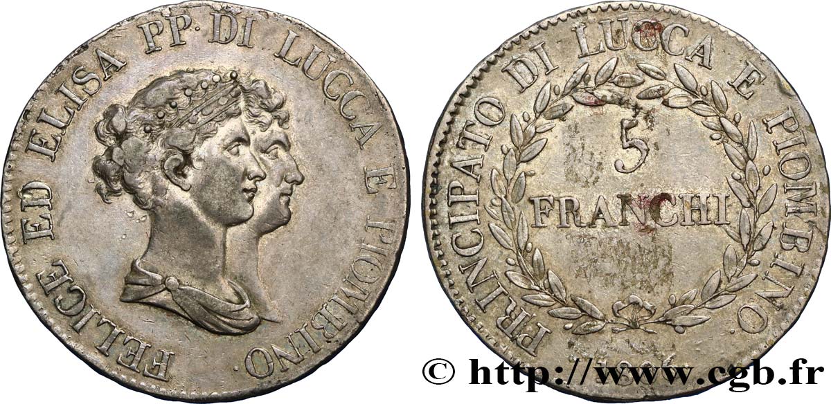 ITALY - PRINCIPALTY OF LUCCA AND PIOMBINO - FELIX BACCIOCHI AND ELISA BONAPARTE 5 Franchi, bustes moyens 1806 Florence XF/VF 