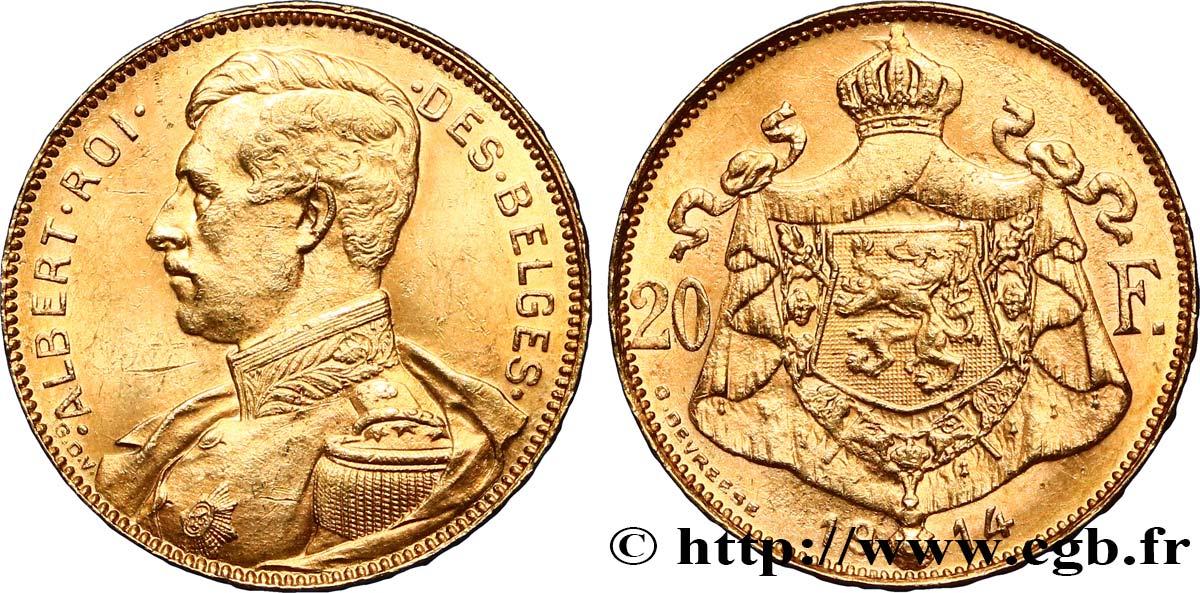 BELGIUM 20 Francs or Albert Ier tête nue légende française, tranche position A 1914  AU/AU 