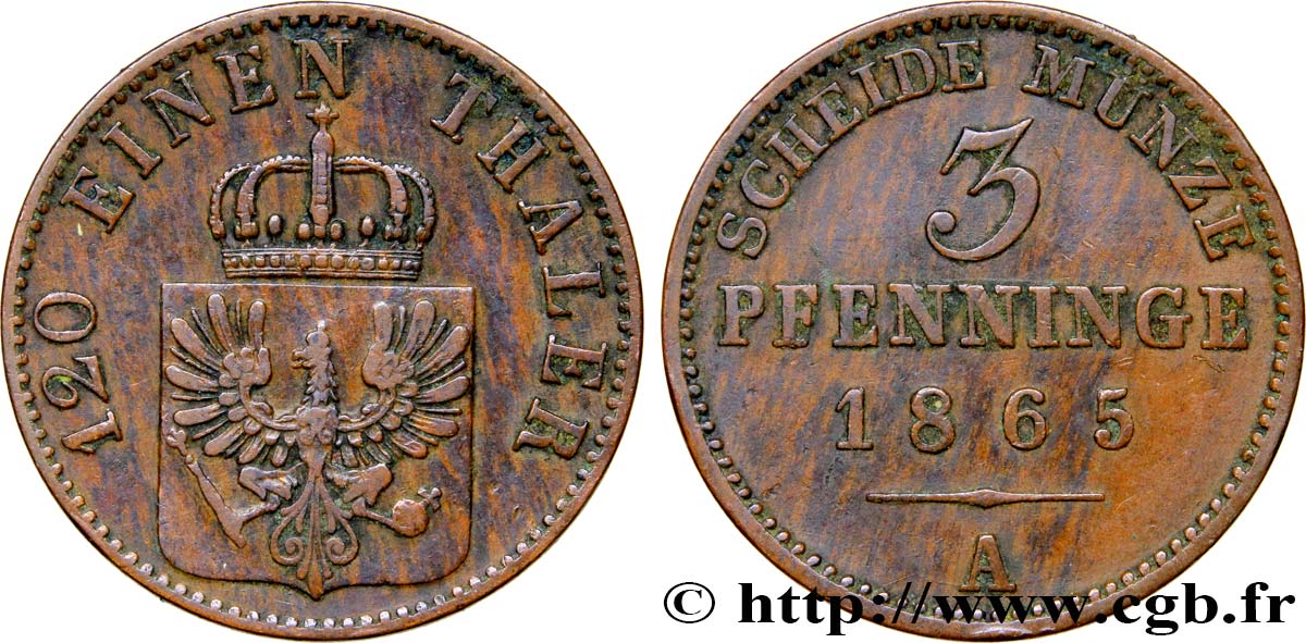 ALEMANIA - PRUSIA 3 Pfenninge Royaume de Prusse écu à l’aigle 1865 Berlin MBC 