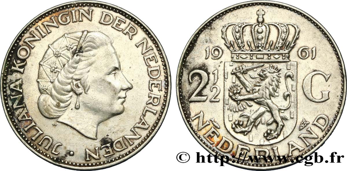 NETHERLANDS 2 1/2 Gulden Juliana 1961 Utrecht XF 
