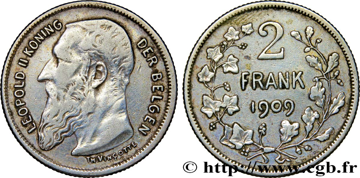 BELGIQUE 2 Francs (Frank) Léopold II légende flamande 1909  TB+ 
