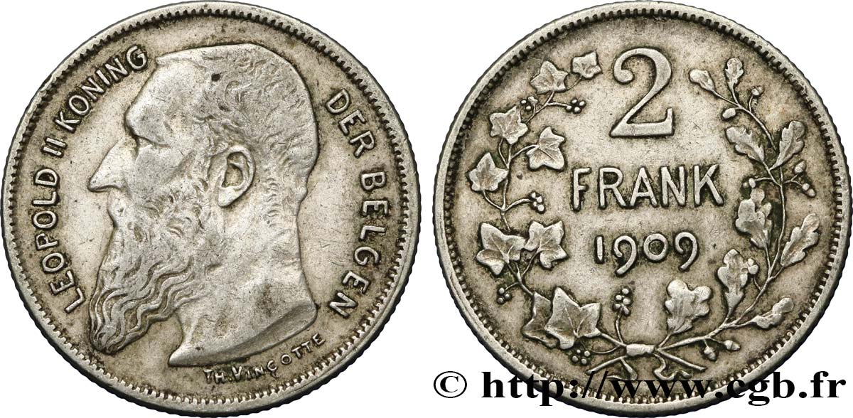 BELGIQUE 2 Francs (Frank) Léopold II légende flamande 1909  TTB 
